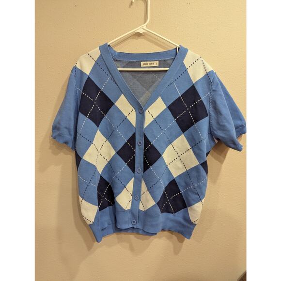Women's short sleeve blue argyle sweater by Grace Karin plis size 2X NWOT - Picture 1 of 9